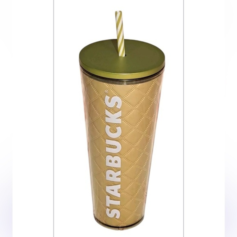 STARBUCKS Gold Metallic Quilted Tumbler Cup 24oz Venti Christmas Holiday edition